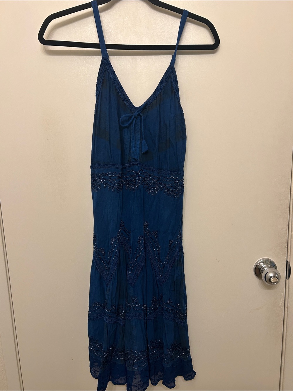Sakkas Teal Blue Beaded Spaghetti Strap Maxi Dress